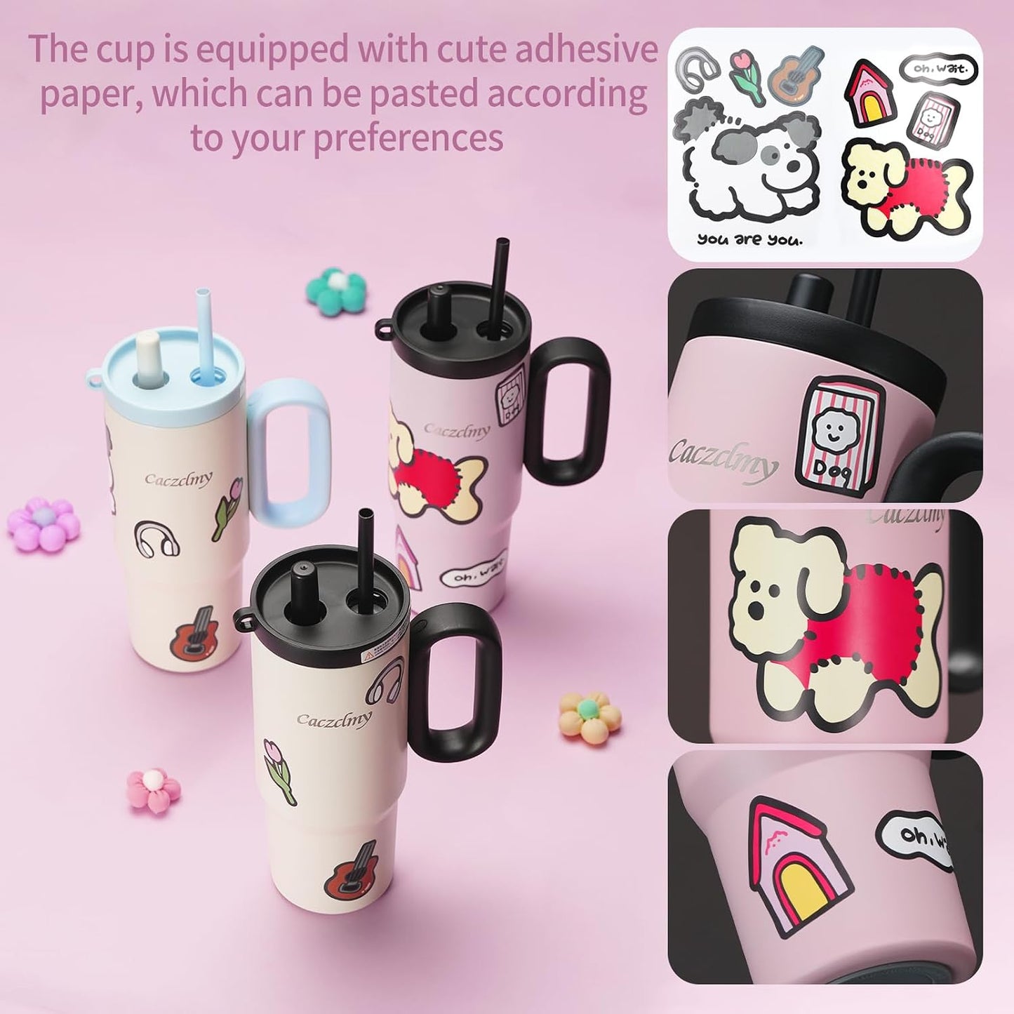 24oz Stainless Steel Tumbler with Handle & Straw | Double wall 18/8 stainless steel, extendable straw, cute DIY stickers, leakproof threaded lid, fits standard car cup holders