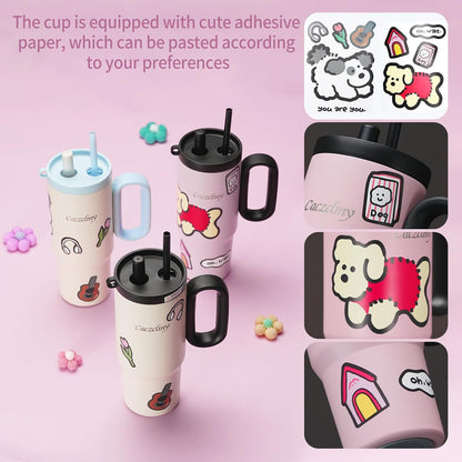 24oz Stainless Steel Tumbler with Handle & Straw | Double wall 18/8 stainless steel, extendable straw, cute DIY stickers, leakproof threaded lid, fits standard car cup holders