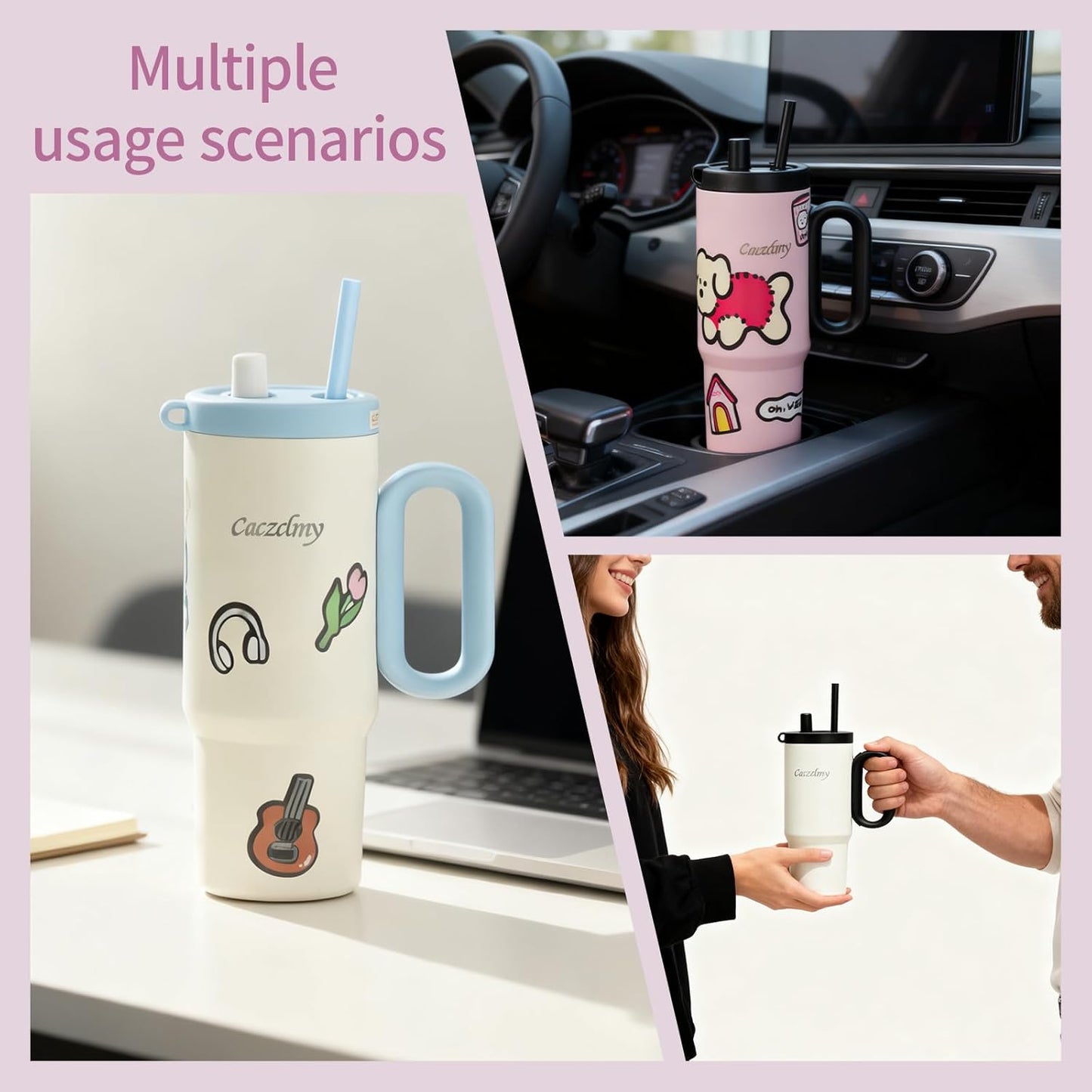 24oz Stainless Steel Tumbler with Handle & Straw | Double wall 18/8 stainless steel, extendable straw, cute DIY stickers, leakproof threaded lid, fits standard car cup holders