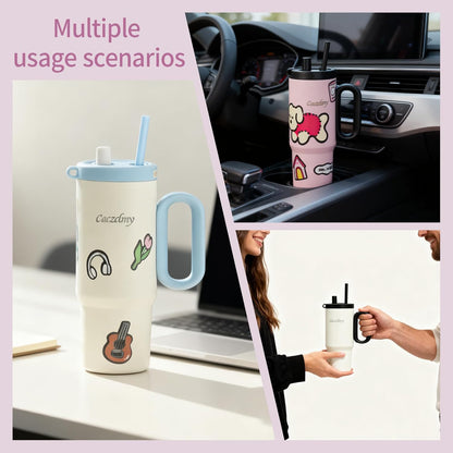 24oz Stainless Steel Tumbler with Handle & Straw | Double wall 18/8 stainless steel, extendable straw, cute DIY stickers, leakproof threaded lid, fits standard car cup holders