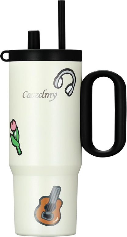 24oz Stainless Steel Tumbler with Handle & Straw | Double wall 18/8 stainless steel, extendable straw, cute DIY stickers, leakproof threaded lid, fits standard car cup holders