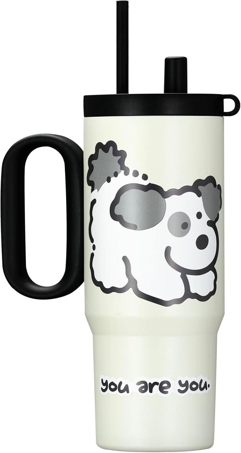 24oz Stainless Steel Tumbler with Handle & Straw | Double wall 18/8 stainless steel, extendable straw, cute DIY stickers, leakproof threaded lid, fits standard car cup holders