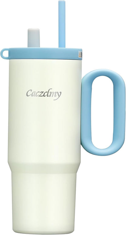 24oz Stainless Steel Tumbler with Handle & Straw | Double wall 18/8 stainless steel, extendable straw, cute DIY stickers, leakproof threaded lid, fits standard car cup holders