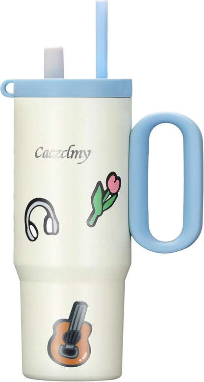 24oz Stainless Steel Tumbler with Handle & Straw | Double wall 18/8 stainless steel, extendable straw, cute DIY stickers, leakproof threaded lid, fits standard car cup holders