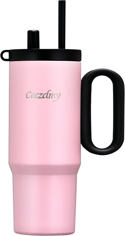 24oz Stainless Steel Tumbler with Handle & Straw | Double wall 18/8 stainless steel, extendable straw, cute DIY stickers, leakproof threaded lid, fits standard car cup holders