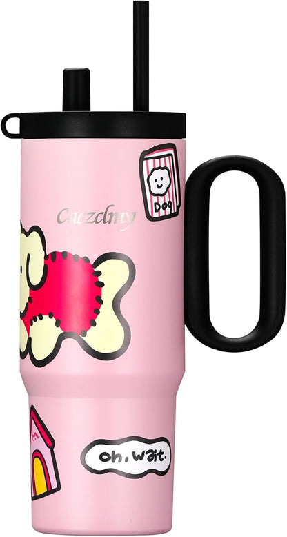 24oz Stainless Steel Tumbler with Handle & Straw | Double wall 18/8 stainless steel, extendable straw, cute DIY stickers, leakproof threaded lid, fits standard car cup holders