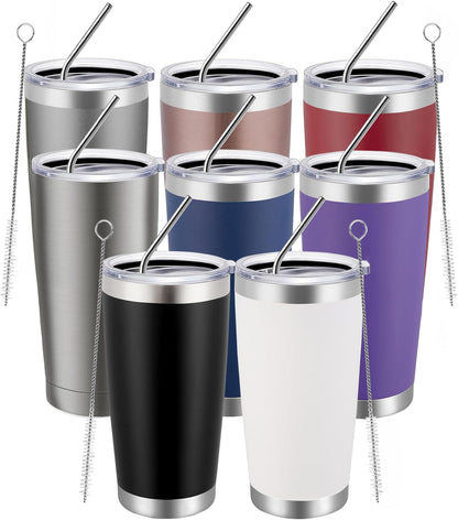 20oz Tumbler 8 Pack Double Wall Vacuum Insulated Travel Mug Bulk, Stainless Steel Tumblers with Lid and Straw, Durable Powder Coated Coffee Cups for Cold & Hot Drinks (Navy, 8)