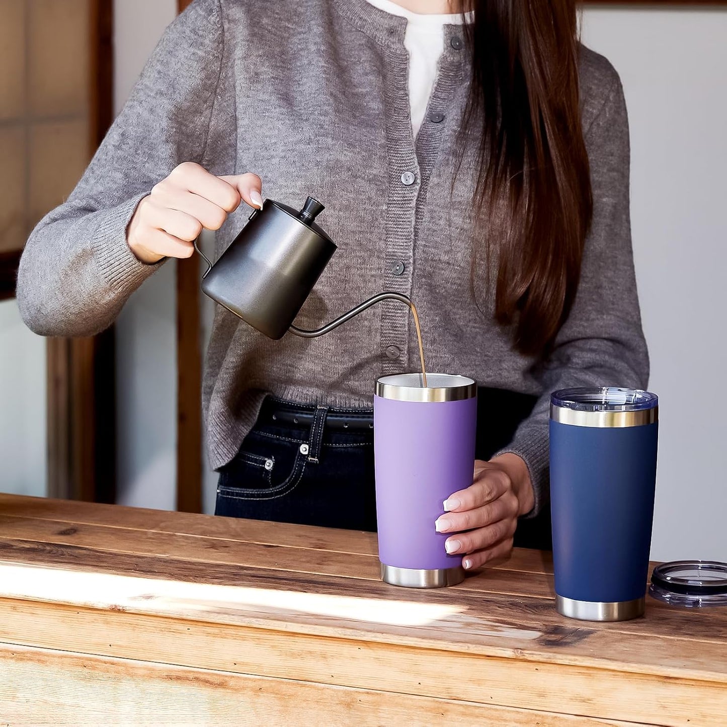 20oz Tumbler 8 Pack Double Wall Vacuum Insulated Travel Mug Bulk, Stainless Steel Tumblers with Lid and Straw, Durable Powder Coated Coffee Cups for Cold & Hot Drinks (Navy, 8)