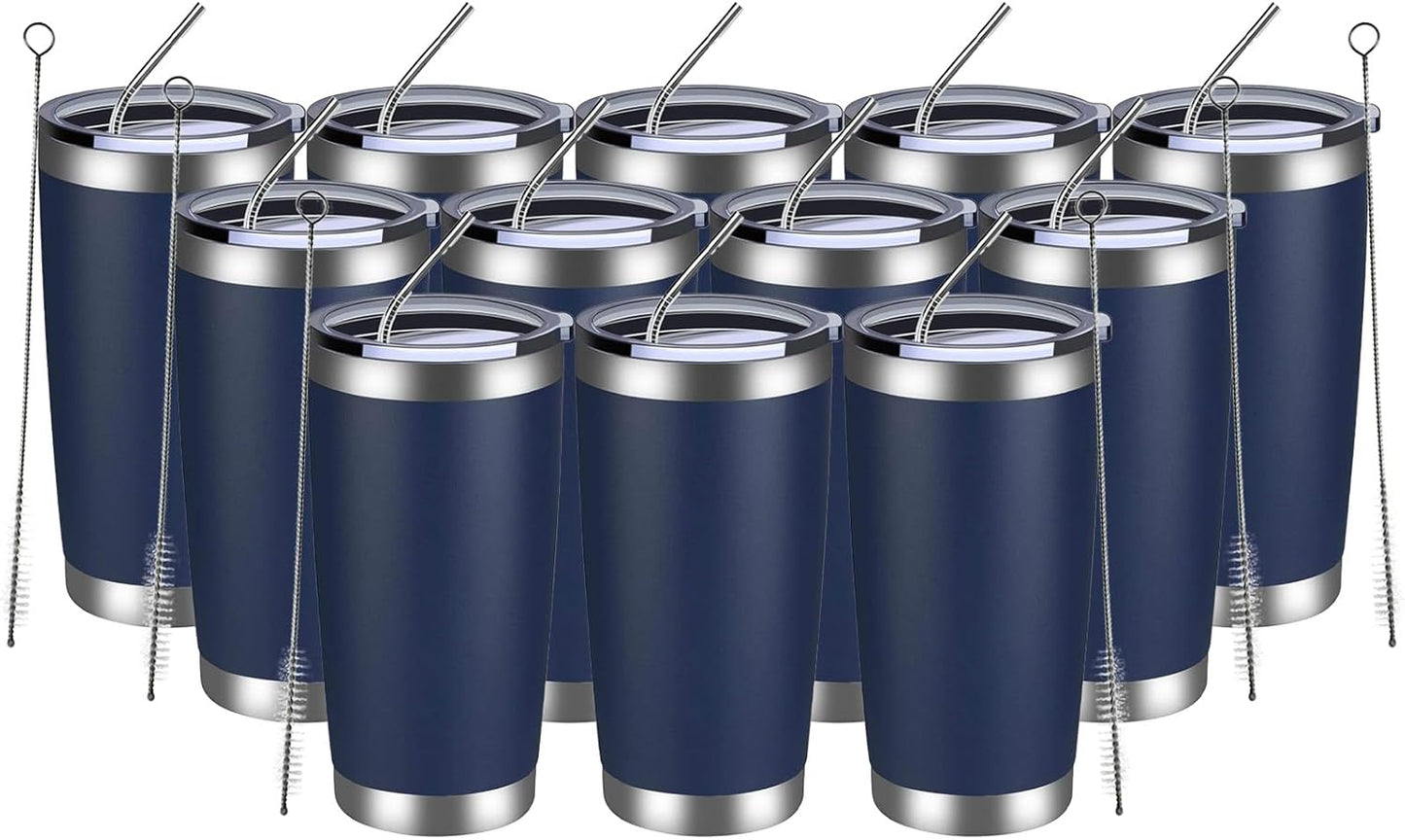 20oz Tumbler 8 Pack Double Wall Vacuum Insulated Travel Mug Bulk, Stainless Steel Tumblers with Lid and Straw, Durable Powder Coated Coffee Cups for Cold & Hot Drinks (Navy, 8)