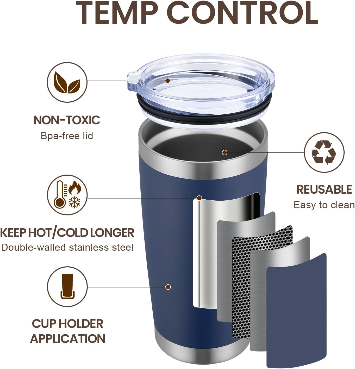 20oz Tumbler 8 Pack Double Wall Vacuum Insulated Travel Mug Bulk, Stainless Steel Tumblers with Lid and Straw, Durable Powder Coated Coffee Cups for Cold & Hot Drinks (Navy, 8)
