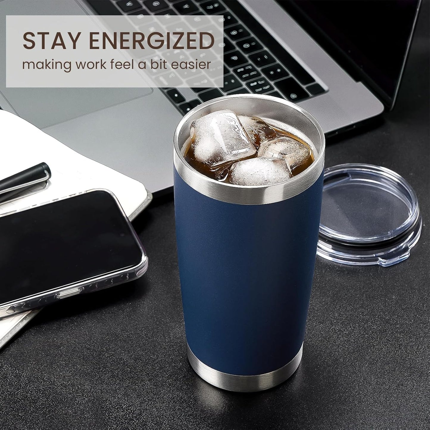 20oz Tumbler 8 Pack Double Wall Vacuum Insulated Travel Mug Bulk, Stainless Steel Tumblers with Lid and Straw, Durable Powder Coated Coffee Cups for Cold & Hot Drinks (Navy, 8)