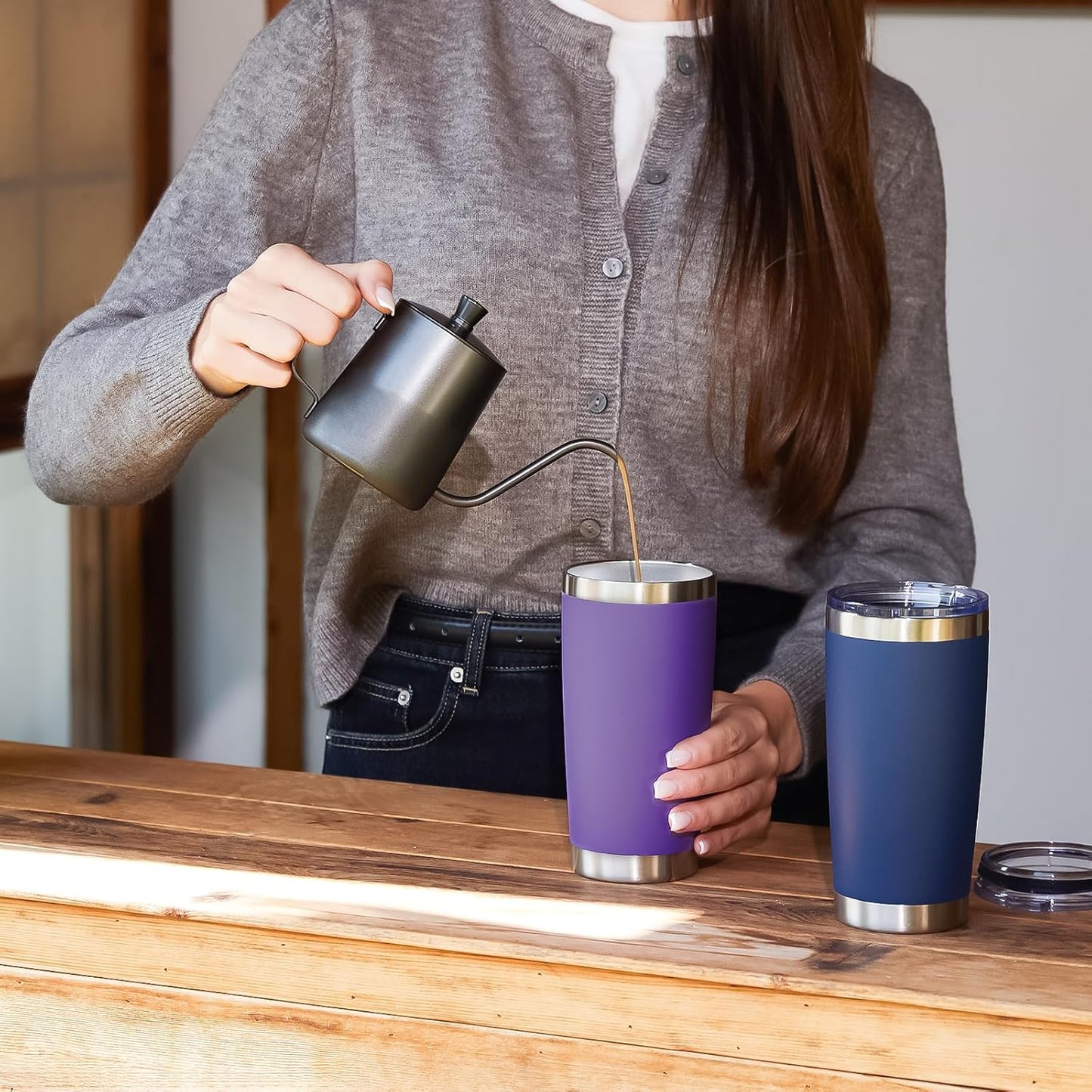 20oz Tumbler 8 Pack Double Wall Vacuum Insulated Travel Mug Bulk, Stainless Steel Tumblers with Lid and Straw, Durable Powder Coated Coffee Cups for Cold & Hot Drinks (Navy, 8)