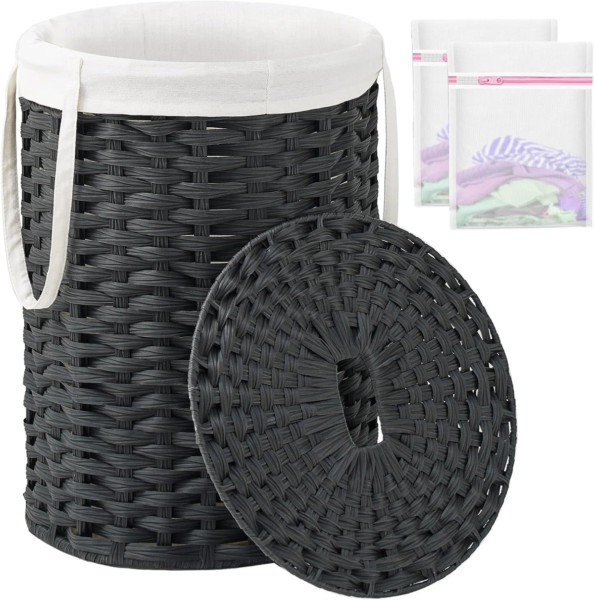 Laundry Basket with Lid Round PE Rattan Laundry Hamper, White