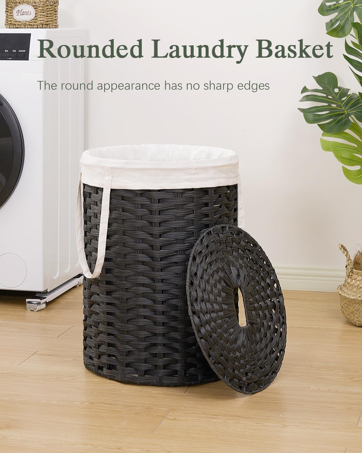 Laundry Basket with Lid Round PE Rattan Laundry Hamper, White