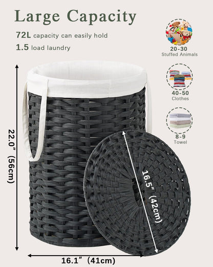 Laundry Basket with Lid Round PE Rattan Laundry Hamper, White