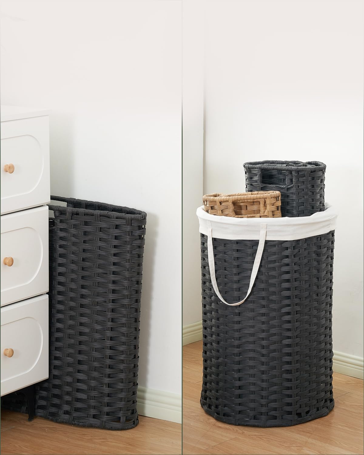 Laundry Basket with Lid Round PE Rattan Laundry Hamper, White