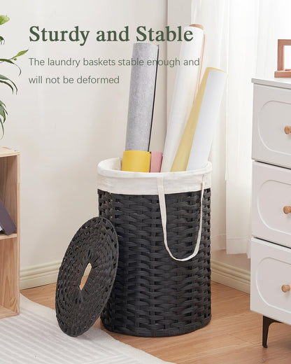 Laundry Basket with Lid Round PE Rattan Laundry Hamper, White