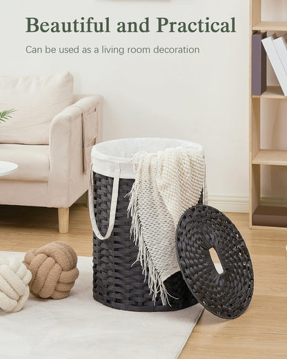 Laundry Basket with Lid Round PE Rattan Laundry Hamper, White