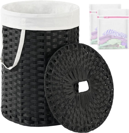 Laundry Basket with Lid Round PE Rattan Laundry Hamper, White