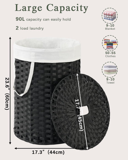 Laundry Basket with Lid Round PE Rattan Laundry Hamper, White