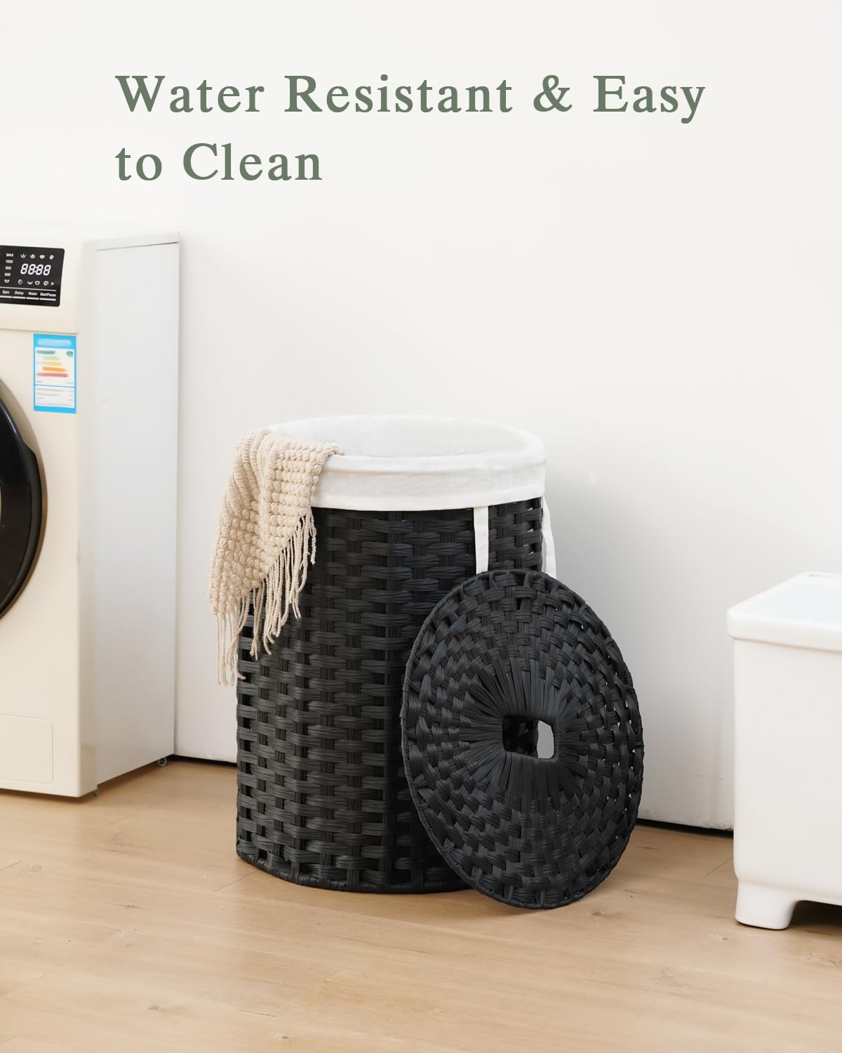 Laundry Basket with Lid Round PE Rattan Laundry Hamper, White
