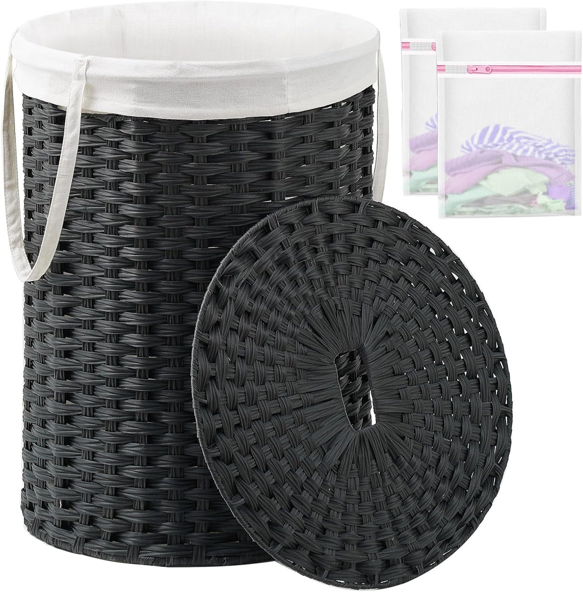 Laundry Basket with Lid Round PE Rattan Laundry Hamper, White