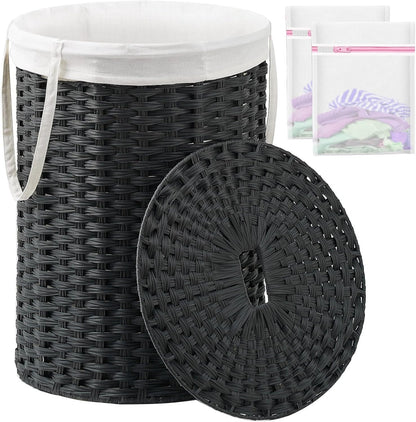 Laundry Basket with Lid Round PE Rattan Laundry Hamper, White