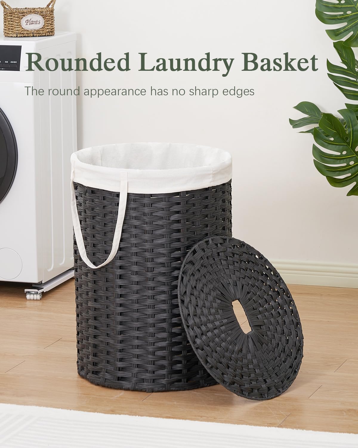 Laundry Basket with Lid Round PE Rattan Laundry Hamper, White