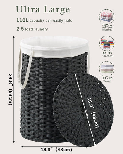 Laundry Basket with Lid Round PE Rattan Laundry Hamper, White