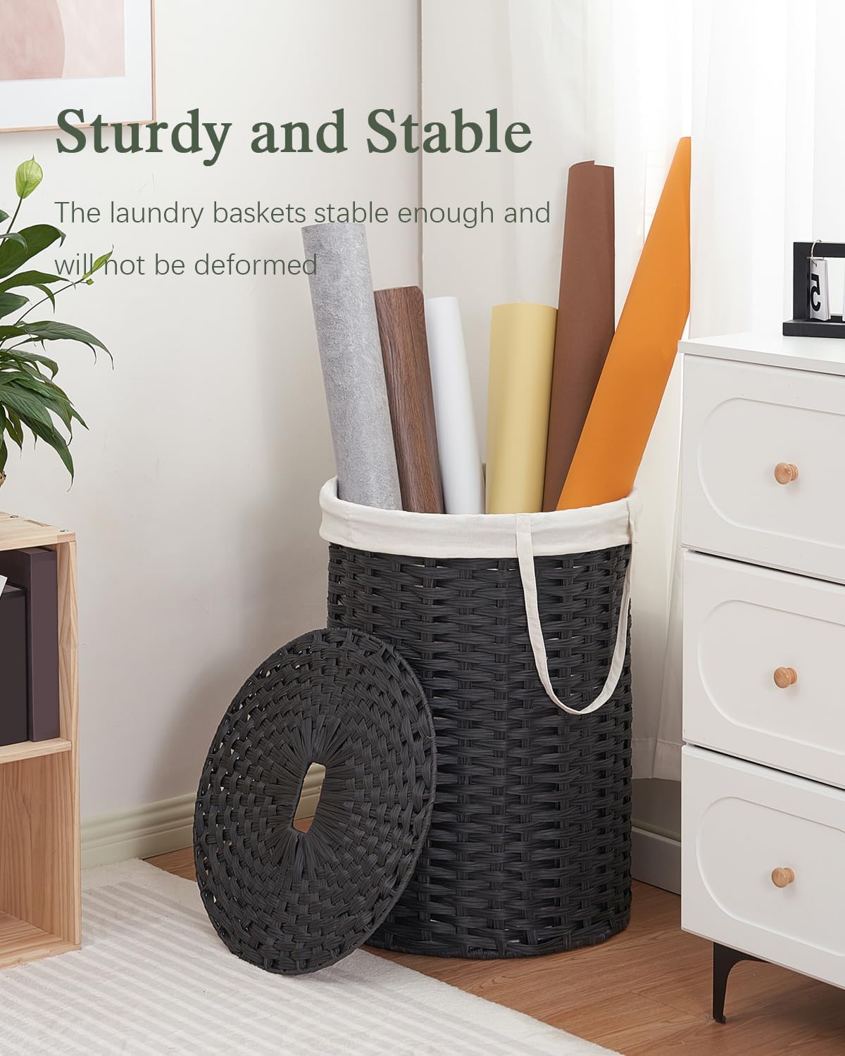 Laundry Basket with Lid Round PE Rattan Laundry Hamper, White