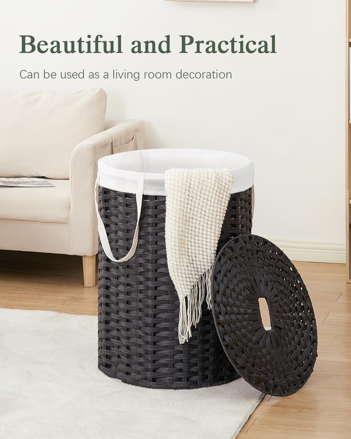 Laundry Basket with Lid Round PE Rattan Laundry Hamper, White