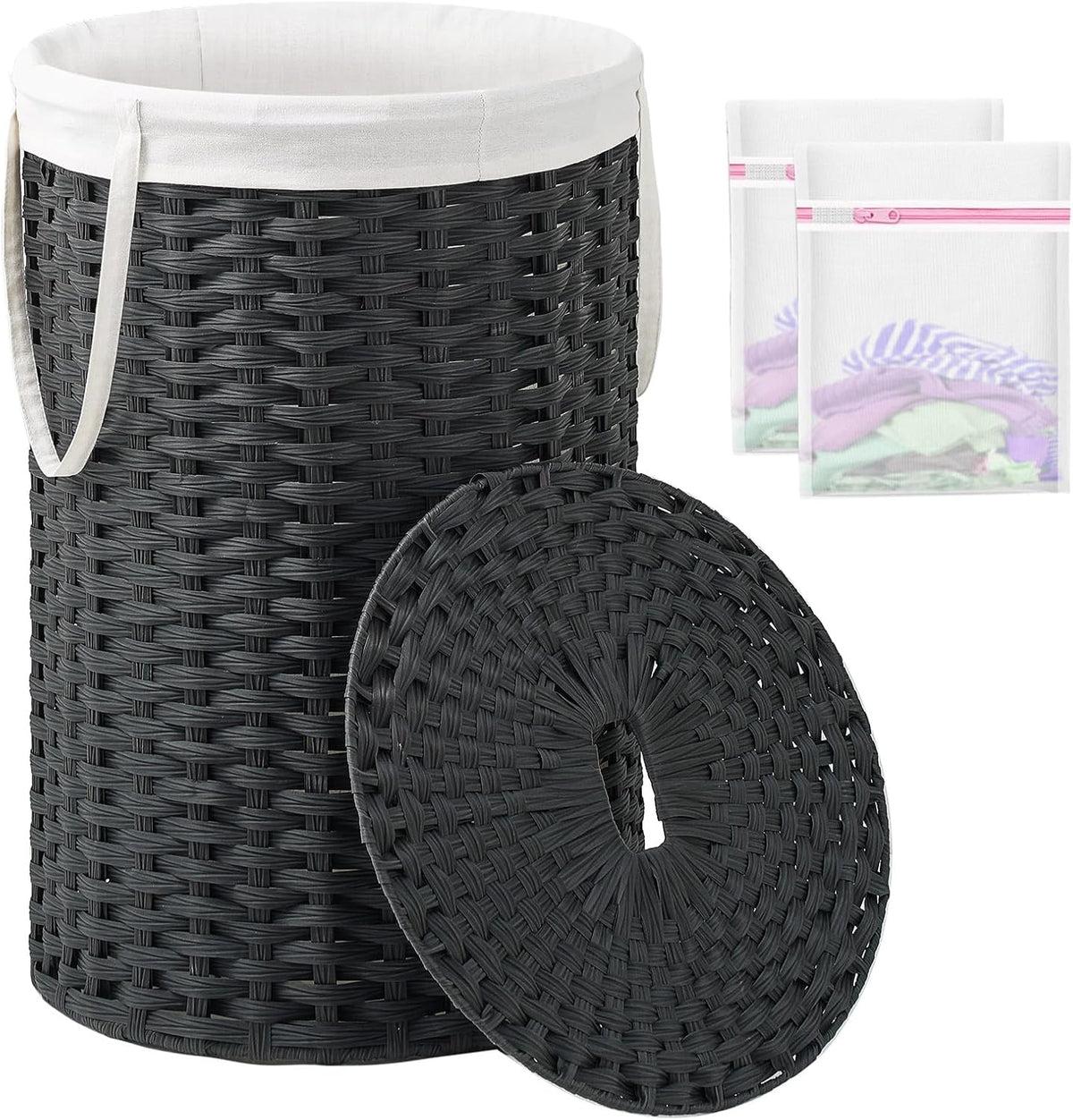 Laundry Basket with Lid Round PE Rattan Laundry Hamper, White