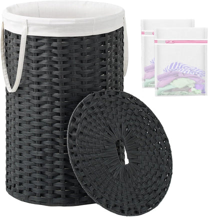 Laundry Basket with Lid Round PE Rattan Laundry Hamper, White