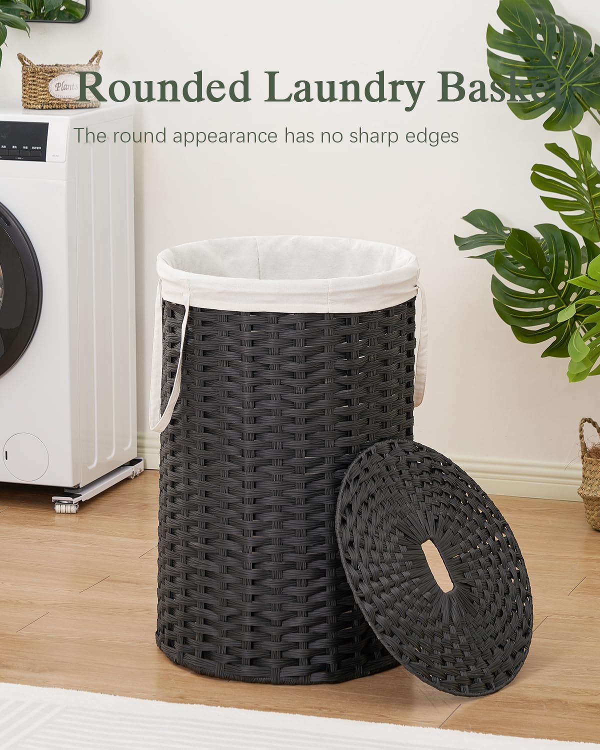 Laundry Basket with Lid Round PE Rattan Laundry Hamper, White