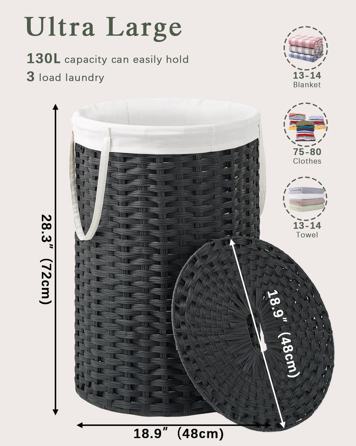 Laundry Basket with Lid Round PE Rattan Laundry Hamper, White