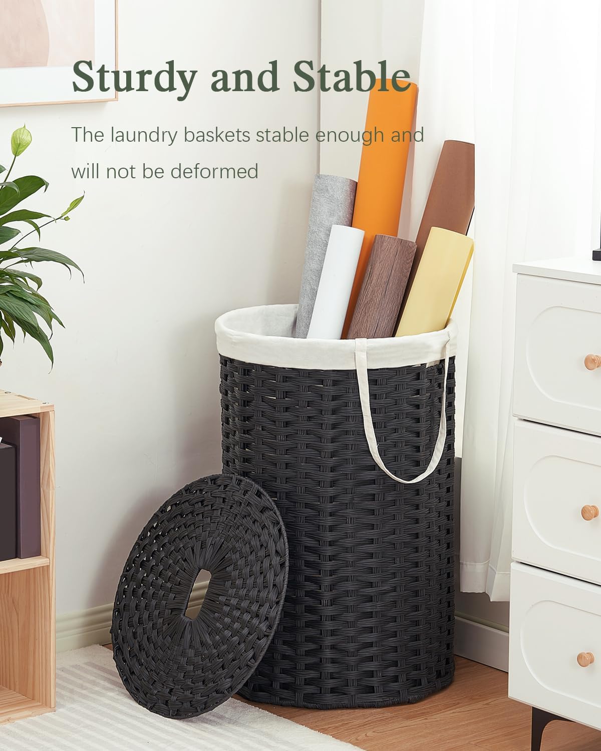 Laundry Basket with Lid Round PE Rattan Laundry Hamper, White