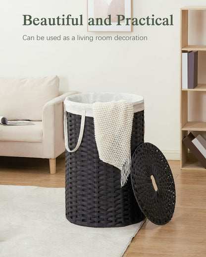 Laundry Basket with Lid Round PE Rattan Laundry Hamper, White
