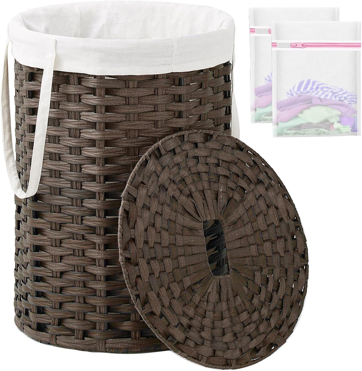 Laundry Basket with Lid Round PE Rattan Laundry Hamper, White