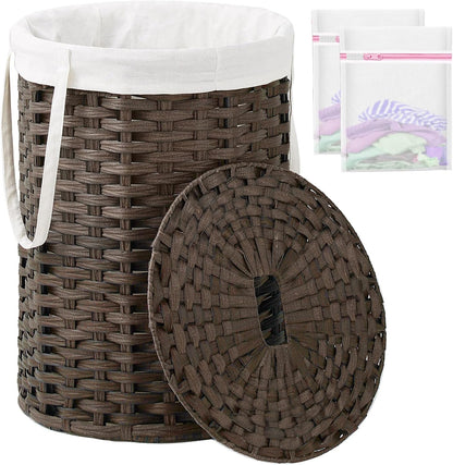 Laundry Basket with Lid Round PE Rattan Laundry Hamper, White