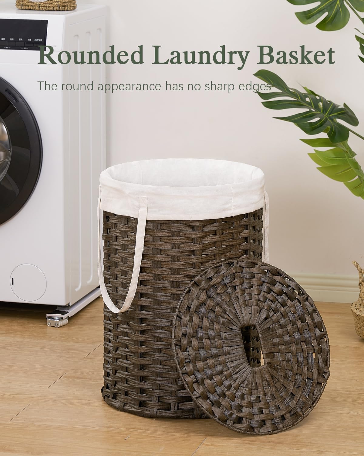 Laundry Basket with Lid Round PE Rattan Laundry Hamper, White