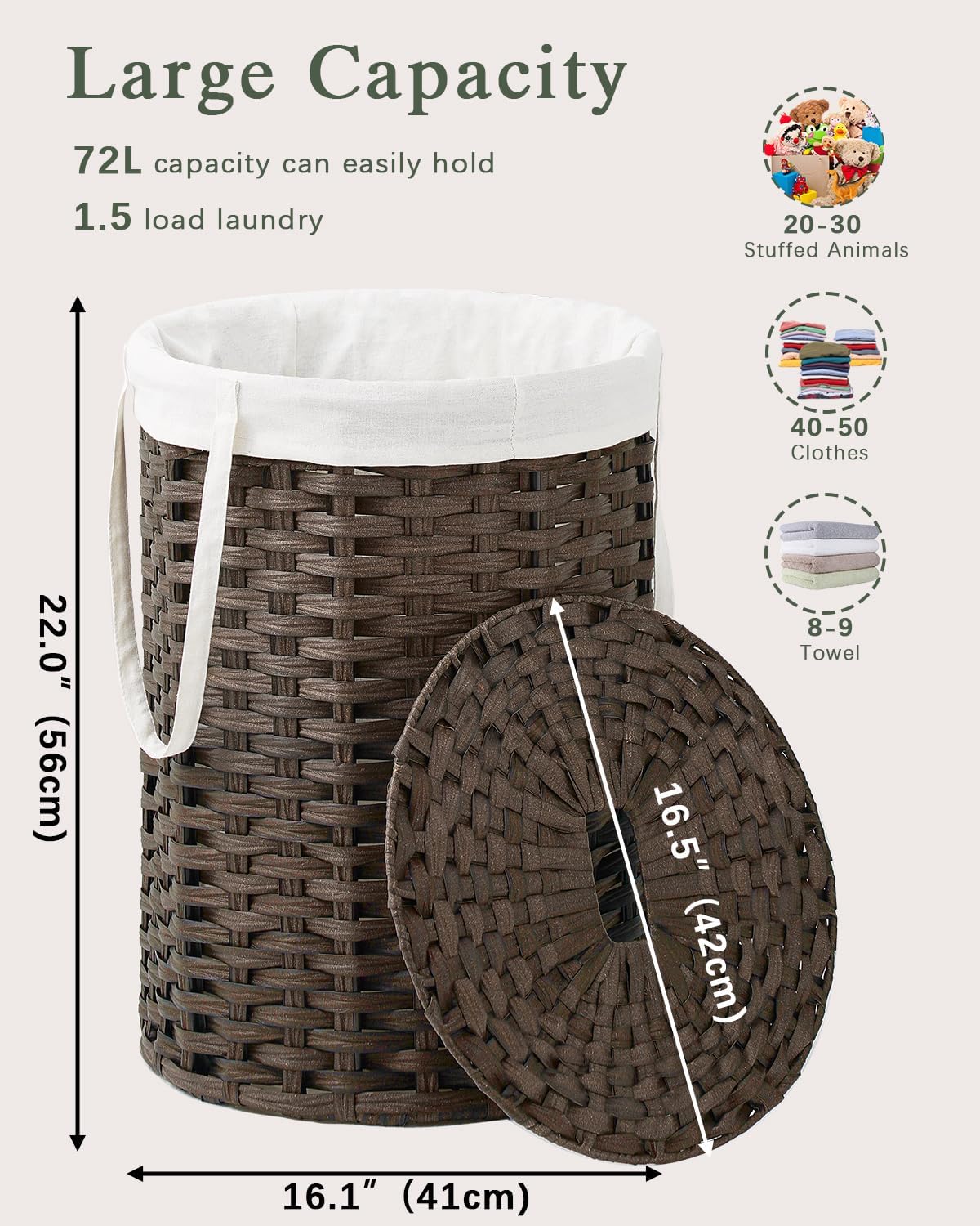 Laundry Basket with Lid Round PE Rattan Laundry Hamper, White