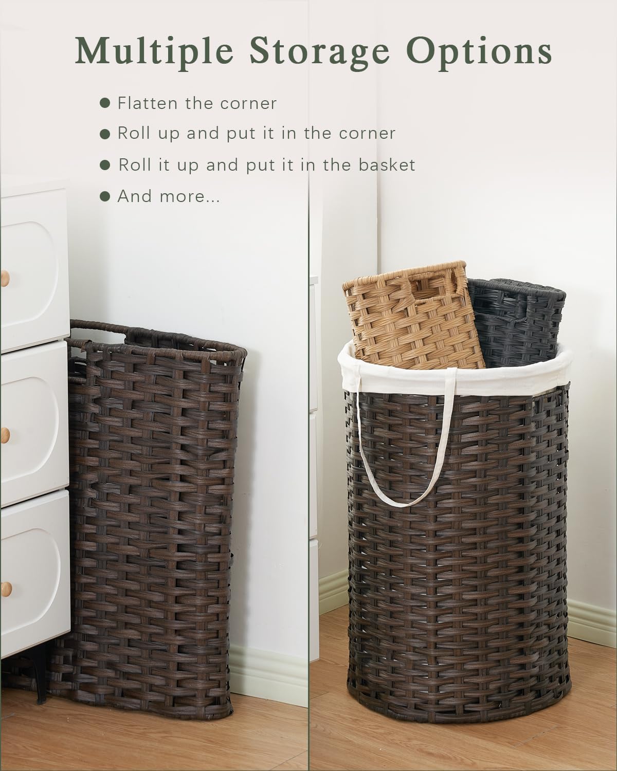 Laundry Basket with Lid Round PE Rattan Laundry Hamper, White