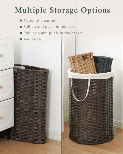 Laundry Basket with Lid Round PE Rattan Laundry Hamper, White