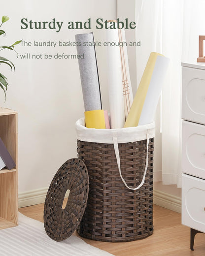 Laundry Basket with Lid Round PE Rattan Laundry Hamper, White