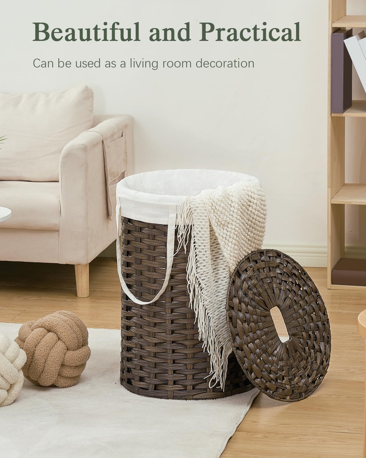 Laundry Basket with Lid Round PE Rattan Laundry Hamper, White