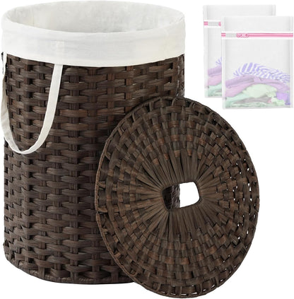 Laundry Basket with Lid Round PE Rattan Laundry Hamper, White