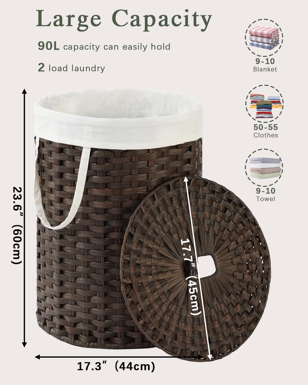 Laundry Basket with Lid Round PE Rattan Laundry Hamper, White