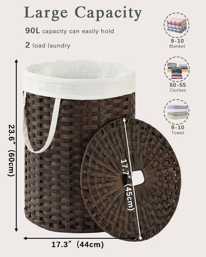 Laundry Basket with Lid Round PE Rattan Laundry Hamper, White