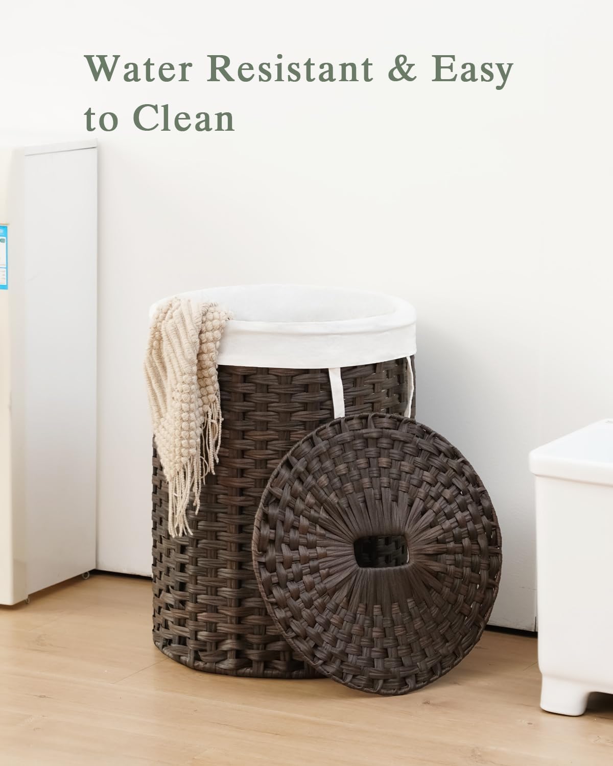 Laundry Basket with Lid Round PE Rattan Laundry Hamper, White