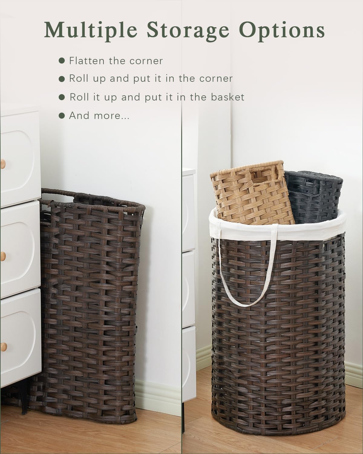 Laundry Basket with Lid Round PE Rattan Laundry Hamper, White